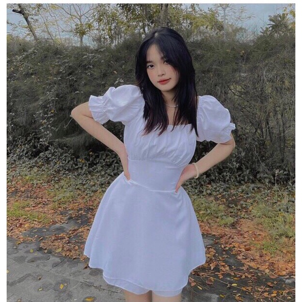 Váy BaByDoll Tay Ngắn Nữ MEESTORE - Dáng Xòe Ôm Eo Màu Trắng Vintage Dễ Thương