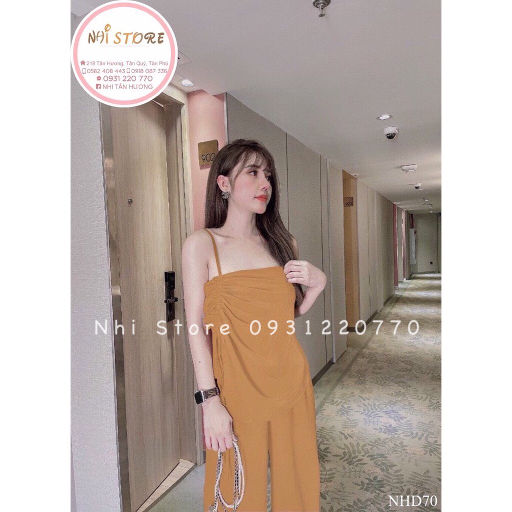 [FREESHIP 50k]  Set Bộ Kiểu NHISTORE Áo Dún Bèo Quần Dài Ống Rộng Chất Đũi Nhăn Freesize Dưới 57kg