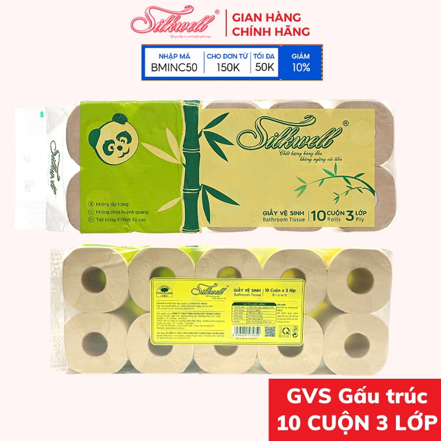 Giấy vệ sinh gấu trúc Silkwell 10 cuộn 3 lớp có lõi, giấy vệ sinh không tẩy trắng, an toàn hàng chính hãng