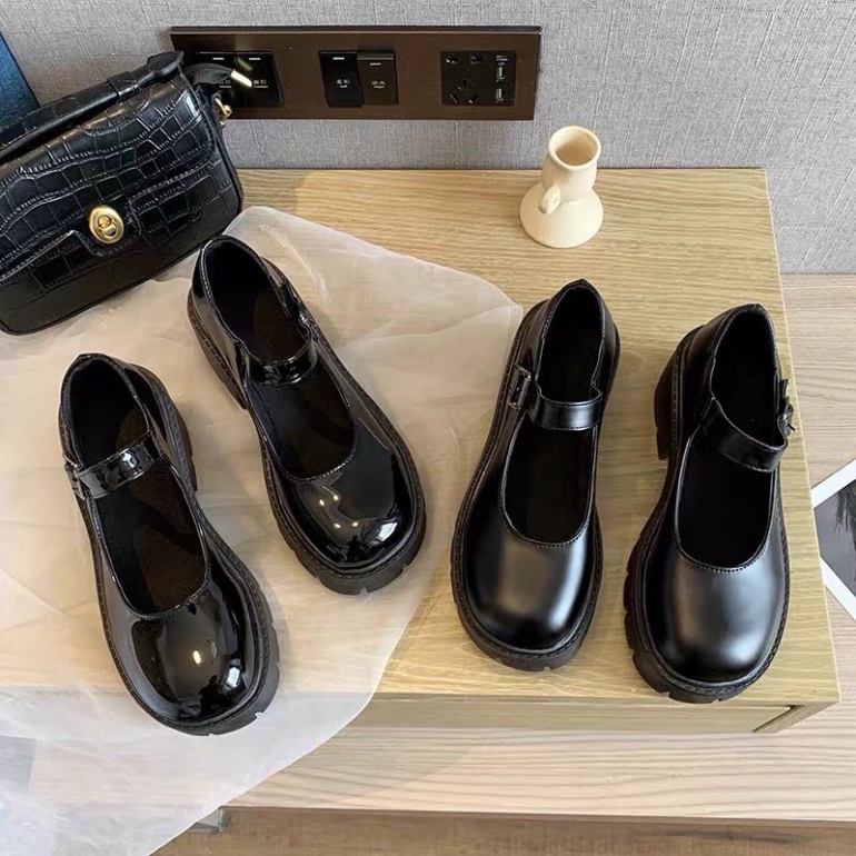 Giày Nữ Lolita Dây Cài Đế Vuông Cao 5cm, Giày Búp Bê Độn Đế Chất Da Đế Dày Mũi Tròn Phong Cách Retro Nhật Bản