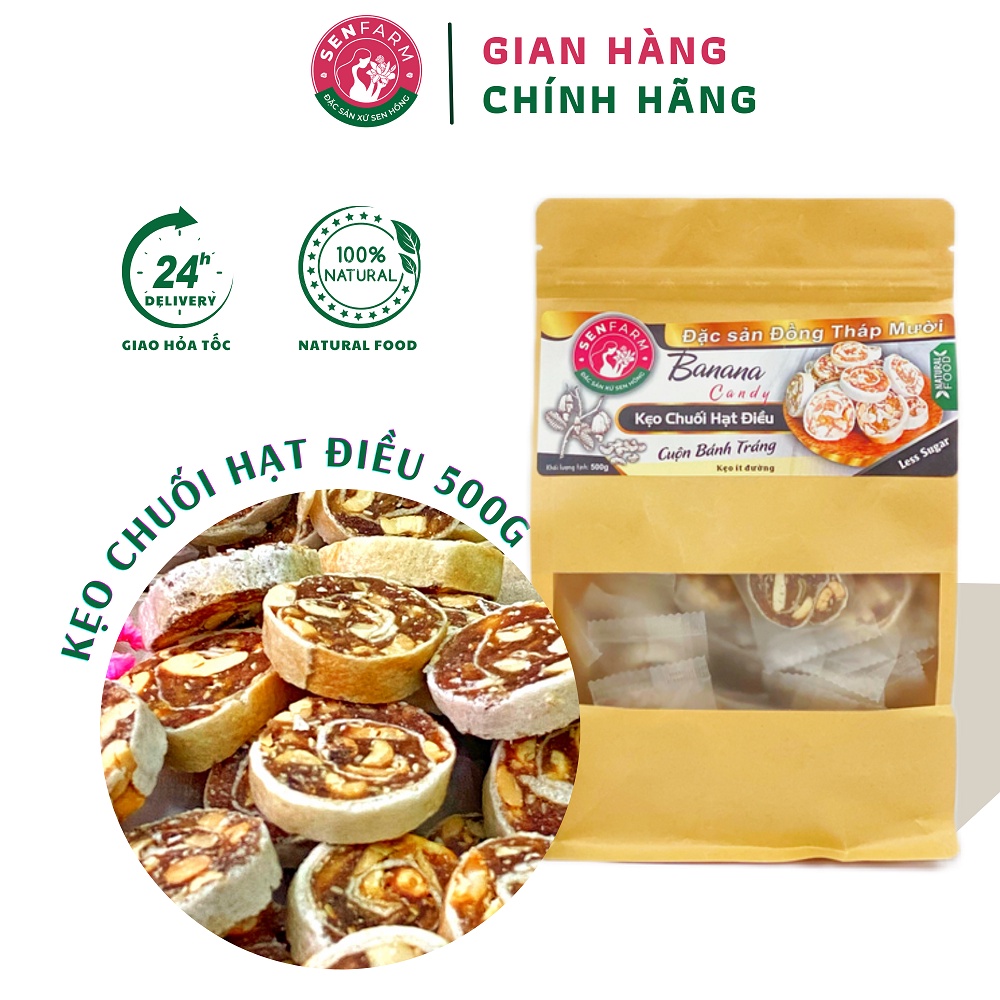 Kẹo chuối Hạt Điều cuộn bánh tráng Senfarm ít đường bịch 500g