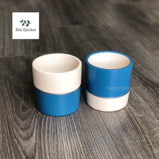 Chậu đất nung trụ trồng cây cảnh - Trụ nhỏ xanh viền bạc