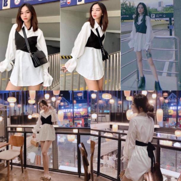 ÁO GIẤU QUẦN DOUBLE SHIRT DÁNG DÀI - ÁO SƠMI LIỀN TAY ĐẮP CHÉO CỘT NƠ ĐEN PHÍA SAU -ĐẦM ulzzang ་