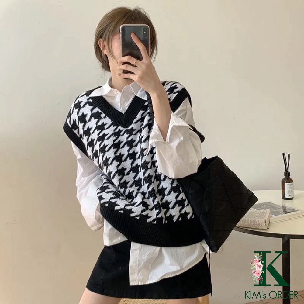Áo Gile len nữ màu đen xanh hoạ tiết Ziczac cổ chữ V không tay sát nách phom rộng Ulzzang Hàn Quốc năng động cá tính