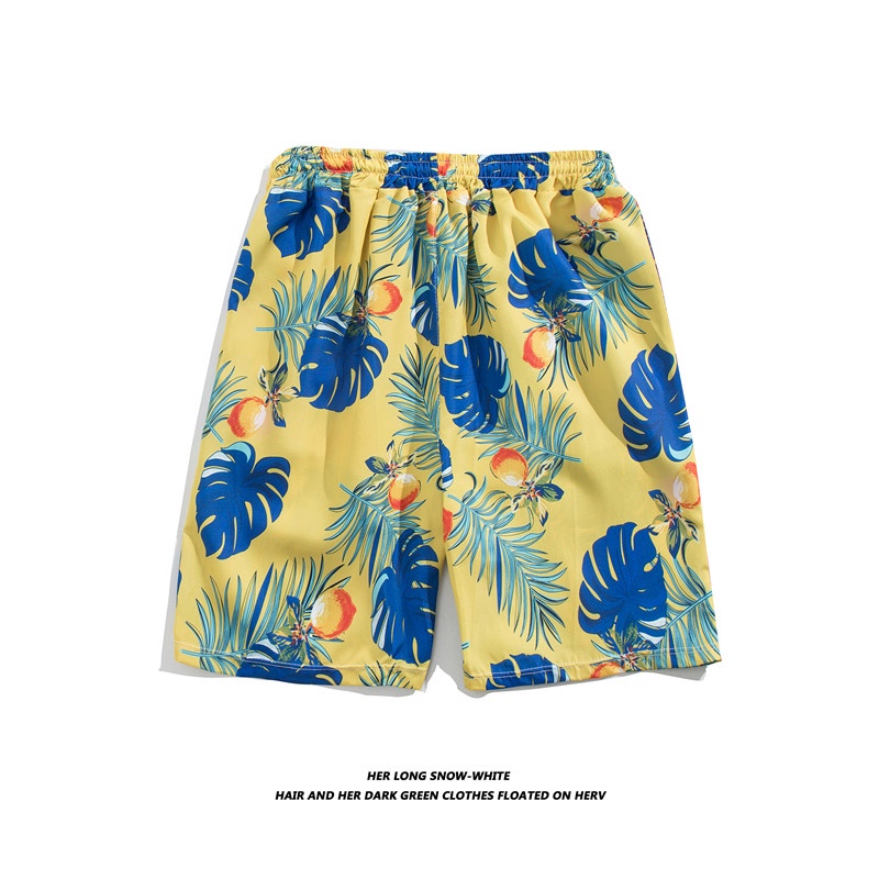Quần Short Dây Rút Dáng Rộng Thoáng Khí In Họa Tiết Hoa Lá Phong Cách Hawaii Thời Trang Mùa Hè Cho Nam