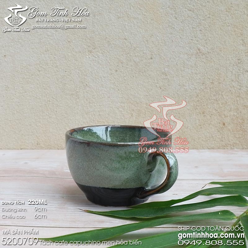 Ly tách sứ uống cà phê capuchino 220ml gốm sứ Bát Tràng men hỏa biến màu thỏ ngọc