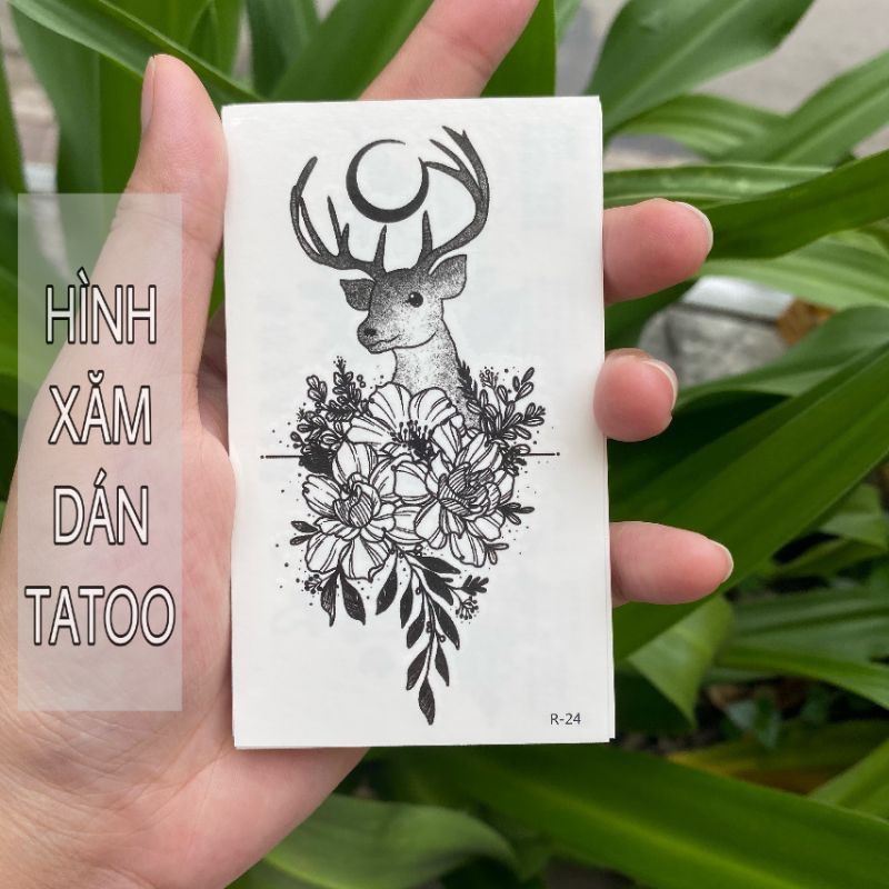 Hình xăm hoa đơn sắc + động vật hươu nai r24. Tatoo dán size 10x6cm
