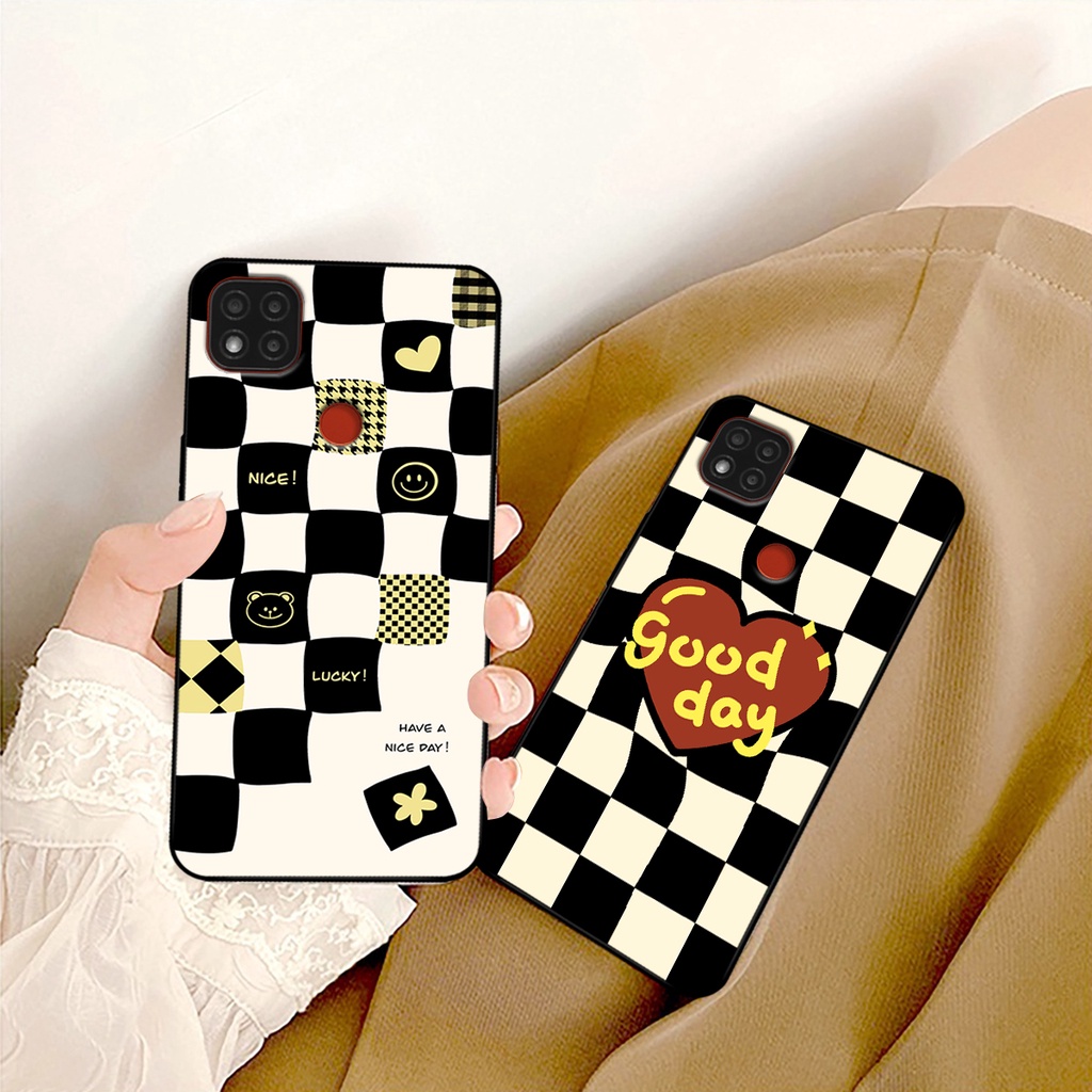 Ốp lưng Xiaomi Redmi 9C in hoạ tiết caro trái tim đen trắng, gấu bear cute đáng yêu
