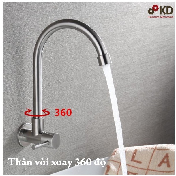 [FREE SHIP] Vòi rửa bát gắn tường xả lạnh FUSHI chất liệu inox304 Dáng tròn thân vòi xoay được 360 độ