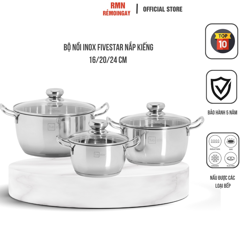 Bộ nồi inox 430 Fivestar Standard 3 đáy bếp từ nắp kính FS06CG