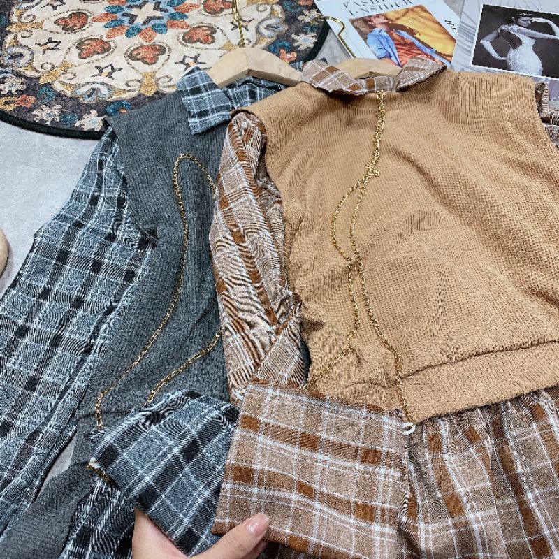 Sét váy sơ mi caro + áo gile len + túi kèm video và ảnh thật | BigBuy360 - bigbuy360.vn