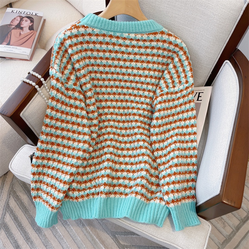 Áo Sweater Cổ Tròn Dáng Rộng Họa Tiết Kẻ Sọc Thời Trang Thu Đông Phong Cách Hàn Quốc Mới Cho Nữ