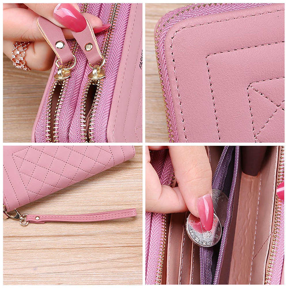 💜ZAIJIE💜 Lady Women Card Holder PU Leather Phone Checkbook Organizer Woman Wallet Double Zip Fashion Classic Multi-slot Zip Purse/Multicolor