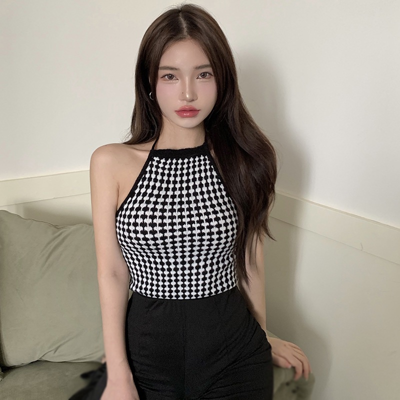 Áo croptop dệt kim hai dây dáng ôm họa tiết sọc caro thời trang quyến rũ cho nữ