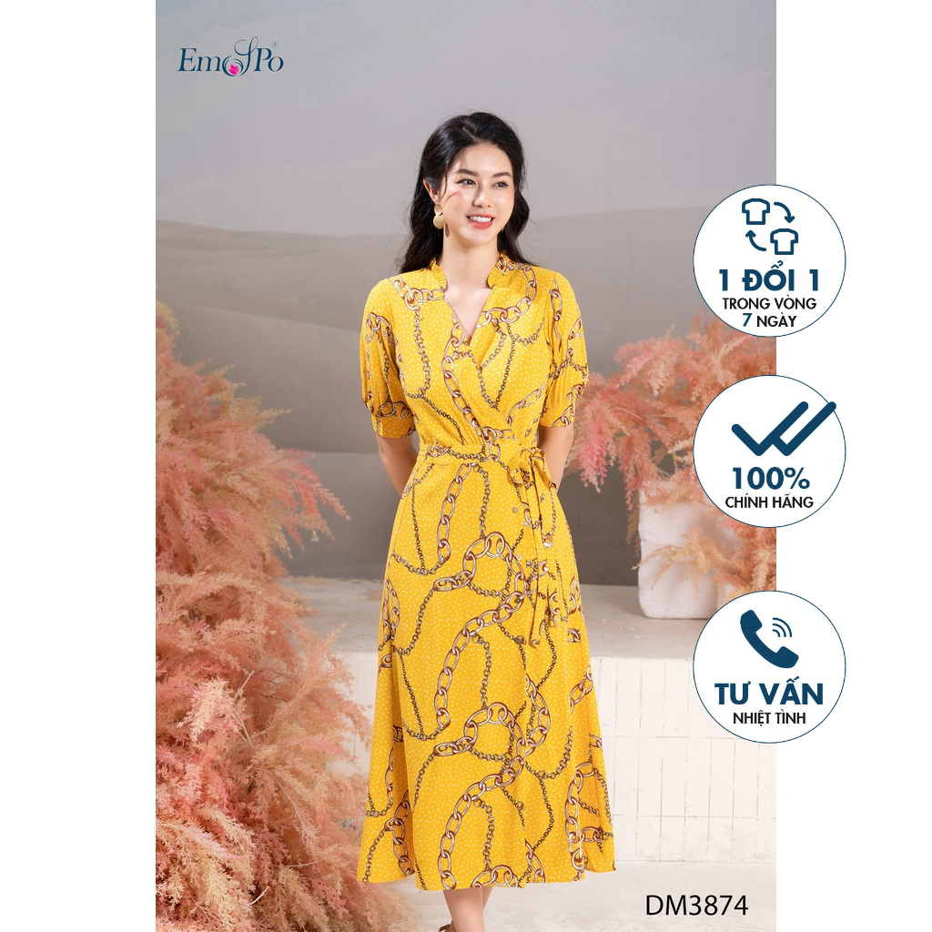 Đầm xòe họa tiết, thắt đai eo, tay bồng phối chun Emspo DM3874 (Tím than, Vàng)
