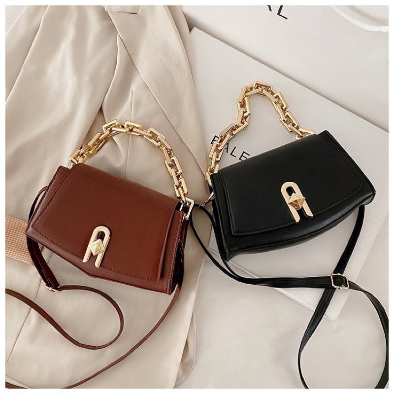 Túi da đeo chéo đa giác quai xích cực trendy