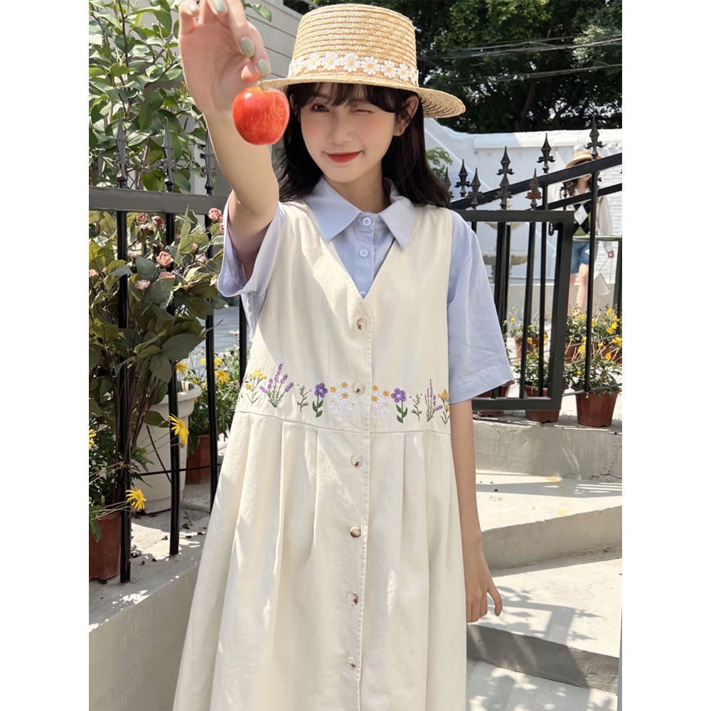 Đầm Ngắn Tay Cổ Chữ V Thêu Họa Tiết Phong Cách Hàn Quốc Cho Nữ