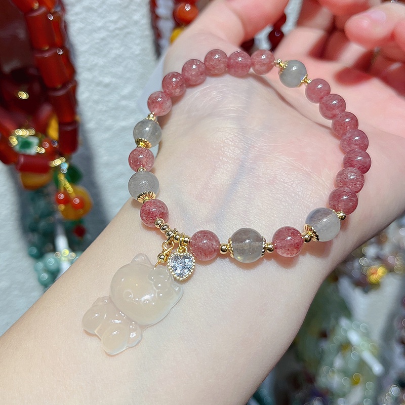 [Hàng Mới Về] Vòng Tay Đính Đá Mặt Trăng Dâu Mèo Ba Chiều Màu Xám Mặt Trăng Dâu Tây Dễ Thương Dành Cho Bạn Nữ
