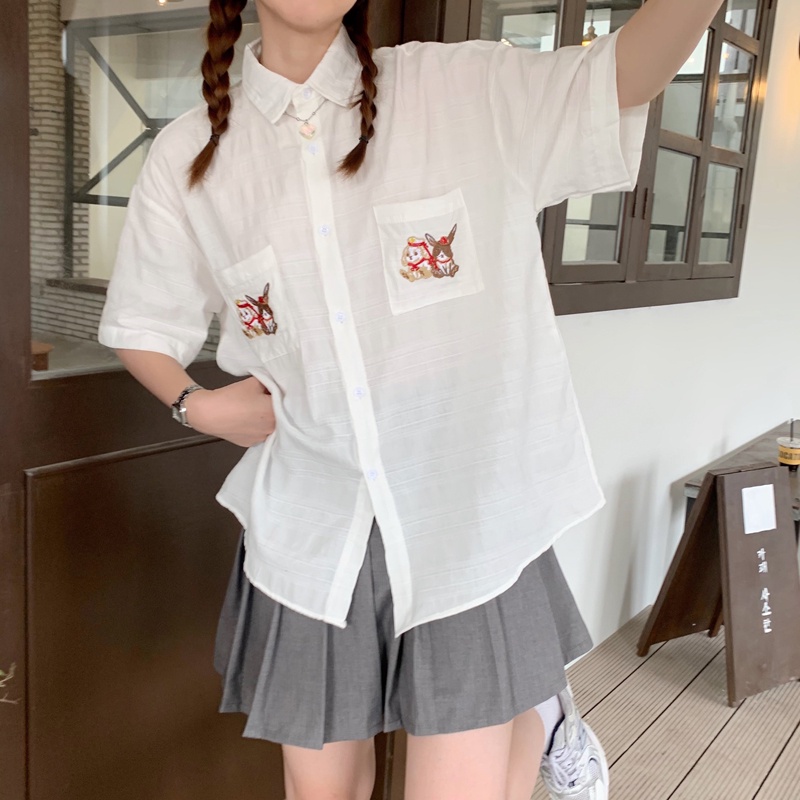 Áo sơ mi tay ngắn dáng rộng phong cách retro Pháp