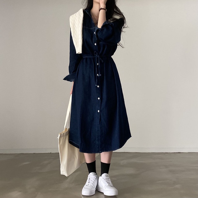 Áo Sơ Mi Denim Dài Tay Thắt Dây Dáng Rộng Phong Cách Retro Mùa Thu Hàng Mới Dành Cho Bạn Nữ 54653