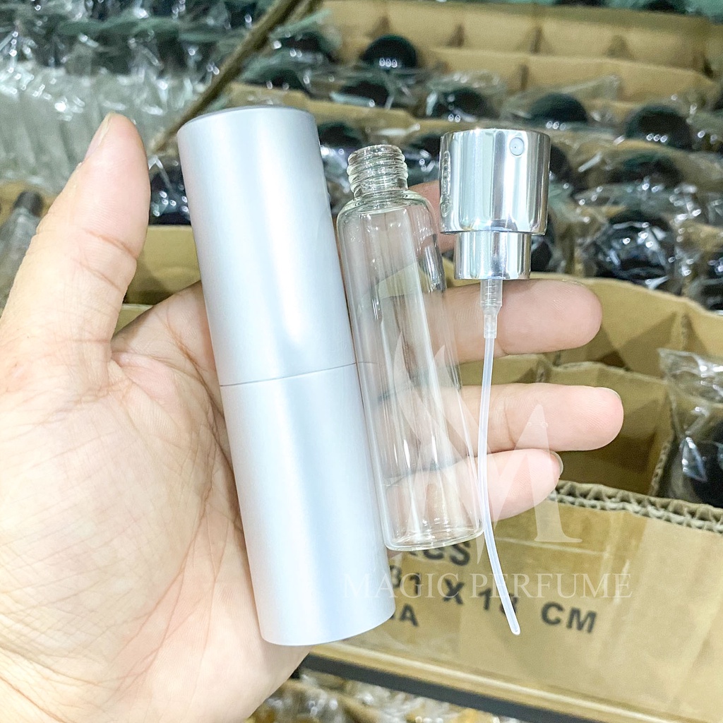 Chai đựng, ống đựng nước hoa thủy tinh vỏ nhôm 2 lớp, dạng xịt, dung tích 3ml, 5ml, 10ml,