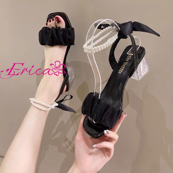 Giày cao gót 5 phân ERICA quai ngọc thắt nơ sau đế vuông trong suốt S186