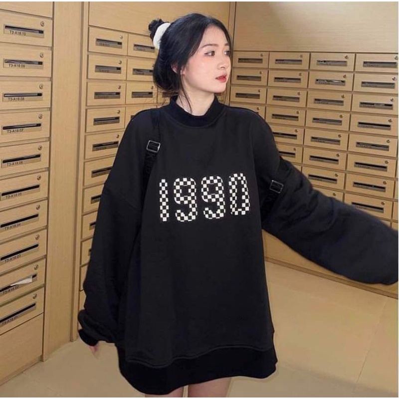 Áo Nỉ Đen Chữ 1990 Nữ [FREESHIP]Sweater  from rộng tay bồng in chữ,hoodie vintage kiểu | BigBuy360 - bigbuy360.vn