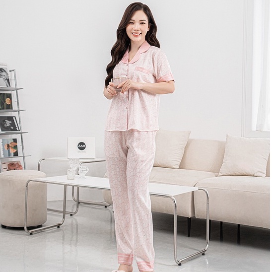 Bộ Pyjama satin ZAM Luxury CLA89 áo ngắn tay quần dài hoạ tiết