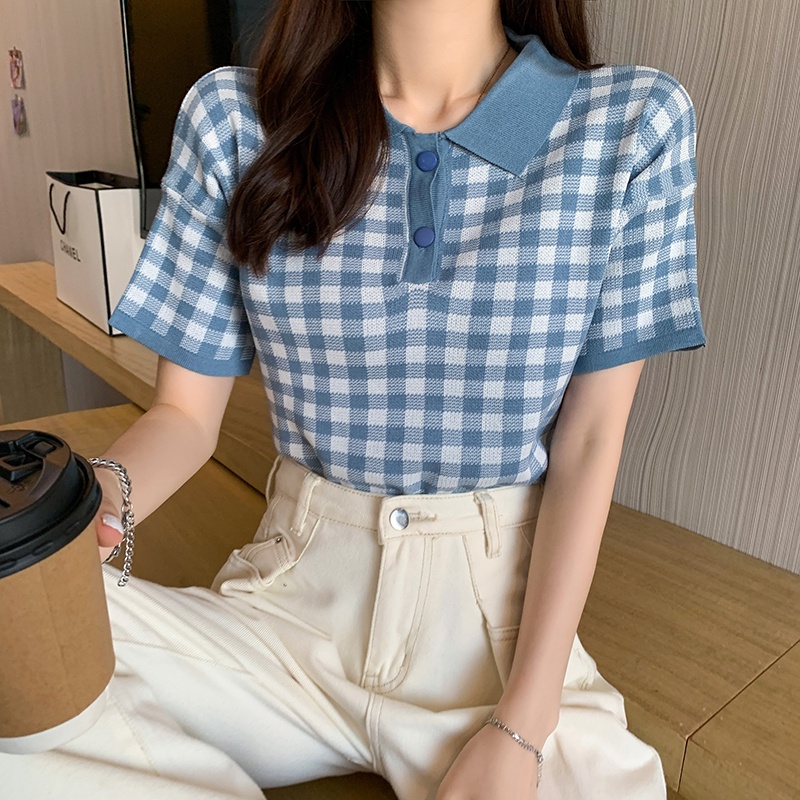 NZN Áo Dệt Kim Tay Ngắn Cổ Polo Họa Tiết Sọc Caro Phong Cách Hàn Quốc