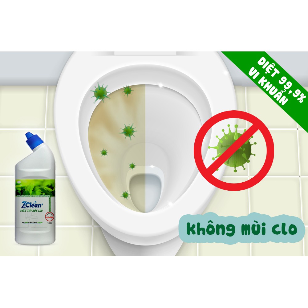 Nước Tẩy Bồn Cầu Không Mùi Hóa Chất ZClean – siêu tẩy vết ố vàng, diệt khuẩn - chai 900ml