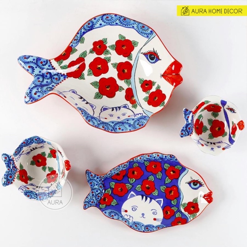 [HÀNG MỚI - CÓ SẴN] Bát, tô, đĩa gốm sứ mỹ nghệ Âu Mỹ OMK hình cá sặc sỡ - Hoạ tiết hoa đỏ xanh, sống động tươi sáng