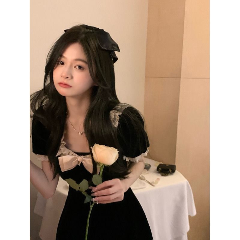 Đầm Nhung Ngắn Tay Dáng Ôm Thắt Nơ Eo Thời Trang Mùa Hè Dành Cho Nữ