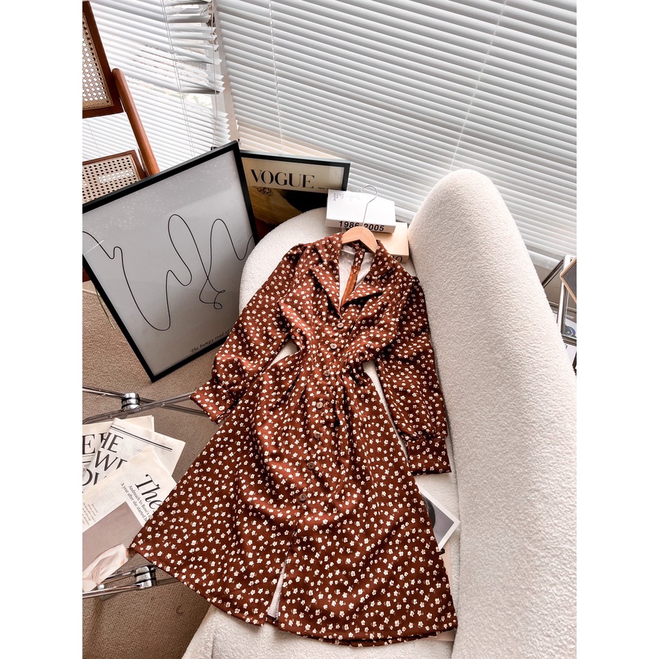 Đầm midi hoa nhí nâu tây vintage tay phồng dài NÀNG CLOSET