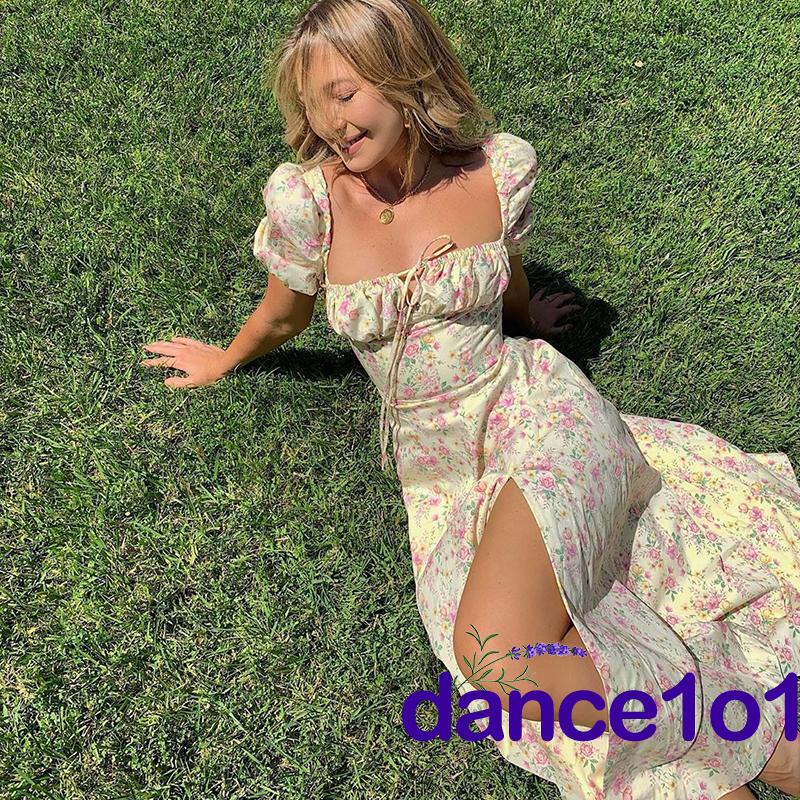 Đầm Dài Xẻ Tà Tay Ngắn Phồng In Họa Tiết Hoa Thời Trang Cho Nữ