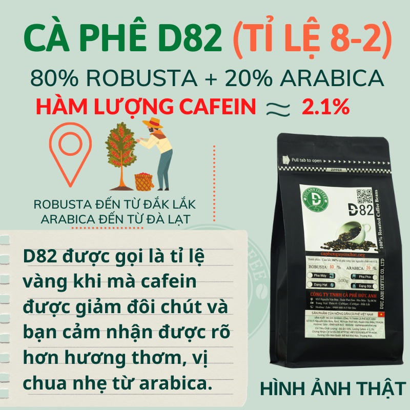 Cà Phê Nguyên Chất D82  Rang Mộc Pha Phin, Pha Máy Tỉ Lệ 8-2 Từ Công Ty Cà Phê Đức Anh