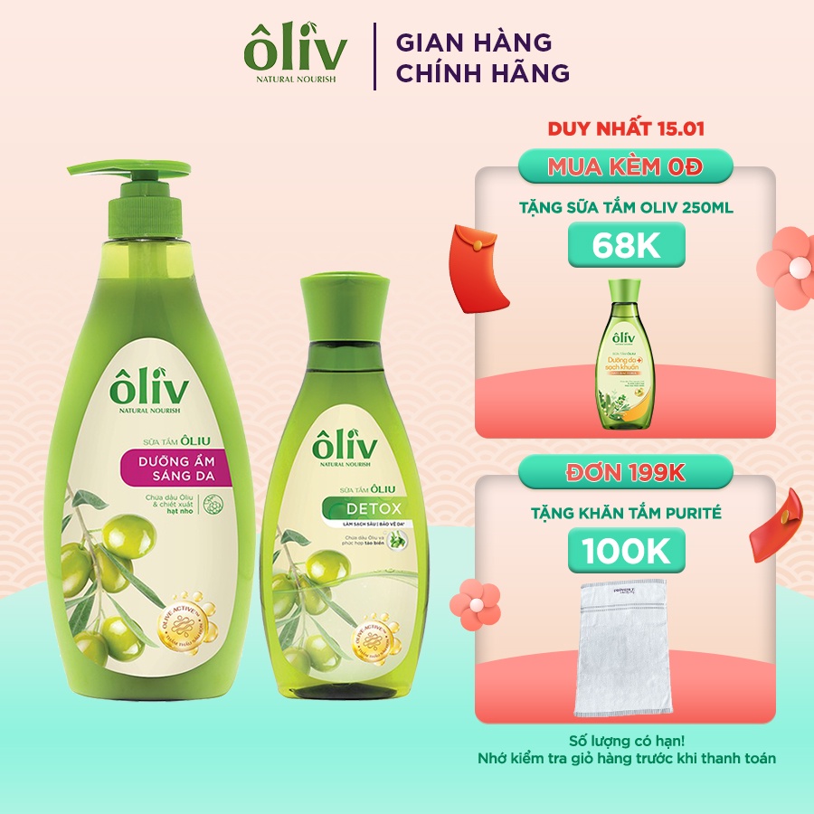 Combo Sữa Tắm Ôliv Sáng Da 650ml + Sữa Tắm Ôliv Detox 250ml