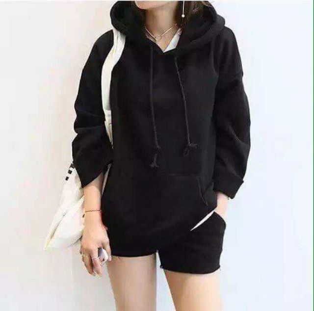 Hoodie nỉ basic đen tay dài túi bụng