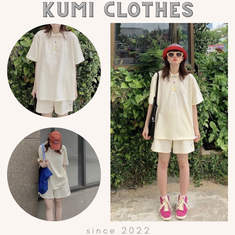 Áo thun POLO nữ tay lỡ có cổ phông form rộng - Bộ đùi nữ polo kèm cúc nổi