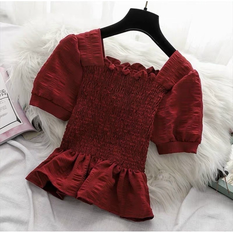 Áo nhún cổ vuông tay ngắn vải đũi - B0U