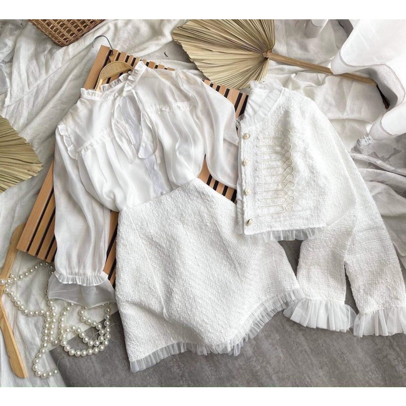 SET 3 MÓN BỐ: KHOÁC NGOÀI VIỀN CỔ TAY VOAN+ SƠ MI TRẮNG CỔ BÈO + CHÂN VÁY ✨