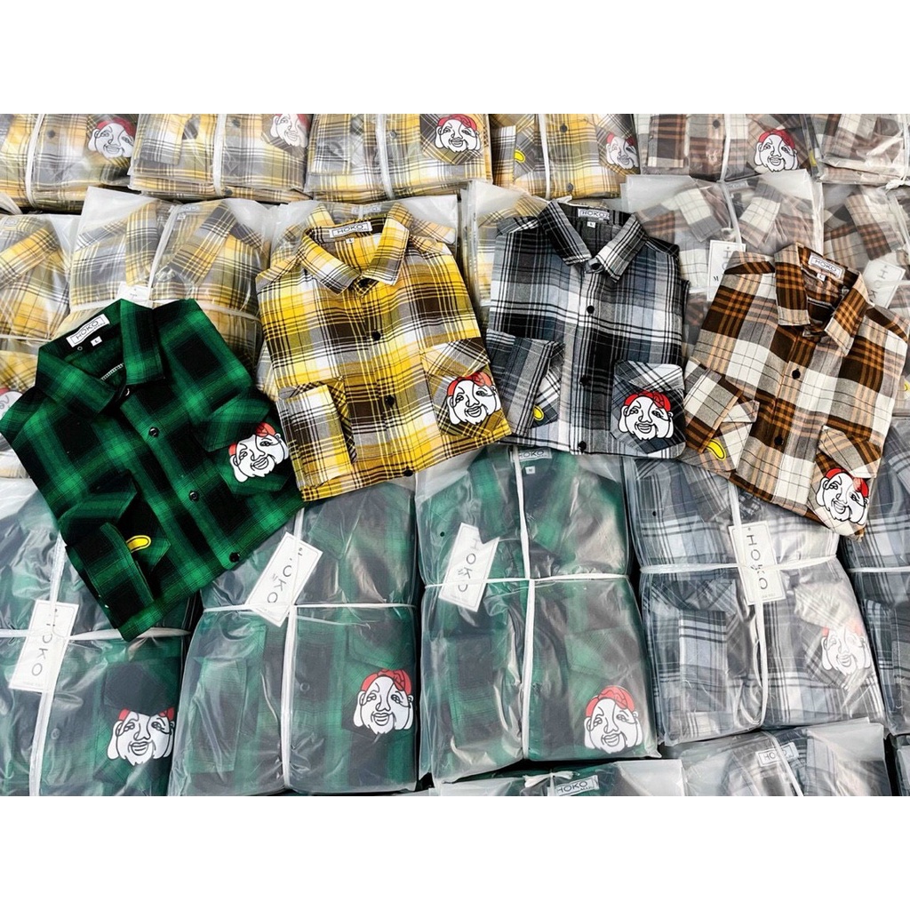 Áo sơ mi nam vãi karo nỉ tay dài in chữ hiệu evi.su mẫu mới giá rẻ vải mặc mát cao cấp NEWSHOP0026