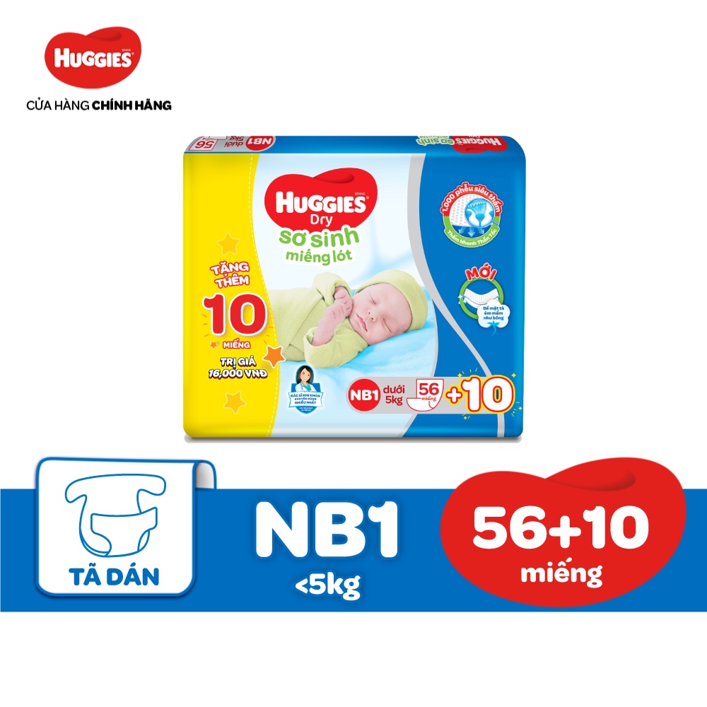 Miếng lót Sơ Sinh Huggies NB1 56 miếng - NB 1 56  + Tặng 10 miếng NB