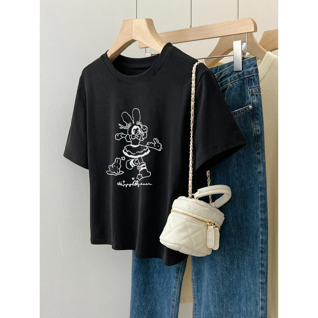 66127 Áo Thun Đen Ngắn Tay In Hoạt Hình Dễ Thương