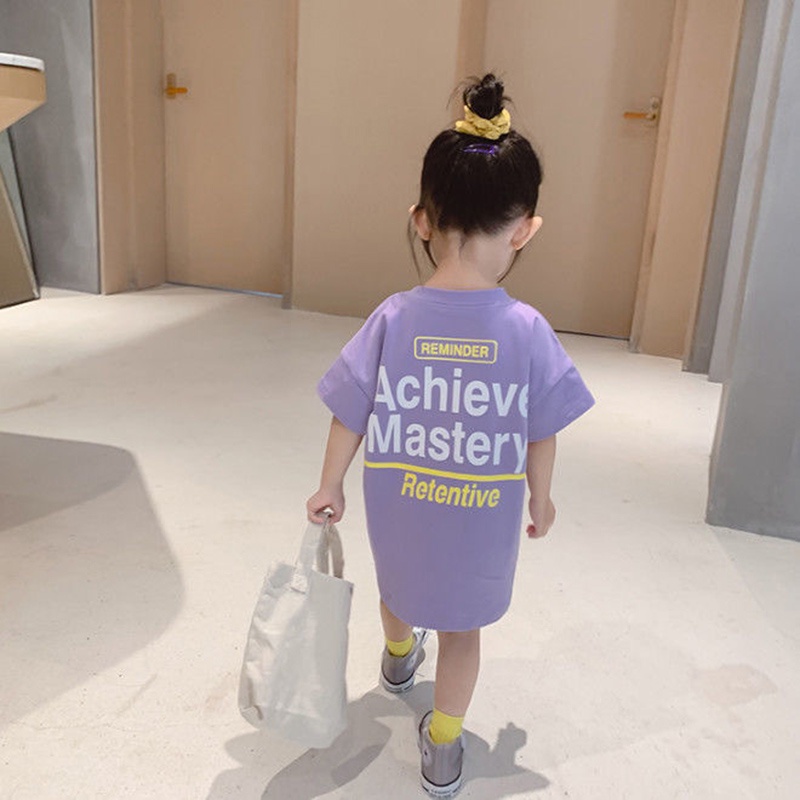 Áo đầm cotton IELGY dành cho bé gái thiết kế tay ngắn in chữ phù hợp nhiều phong cách