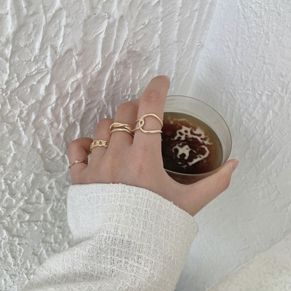 Set 5 nhẫn dạng hở kiểu hình học bằng hợp kim nhiều màu sắc có thể điều chỉnh phong cách Hàn Quốc