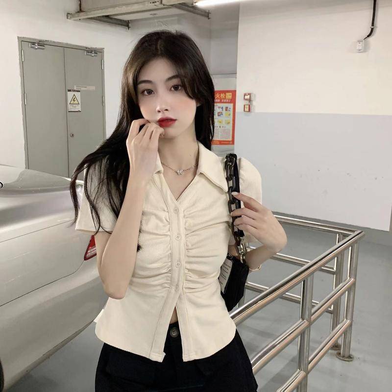 Áo Thun Cổ Polo Dáng Ôm Phong Cách Retro Pháp Dễ Phối Đồ Thời Trang Cho Nữ