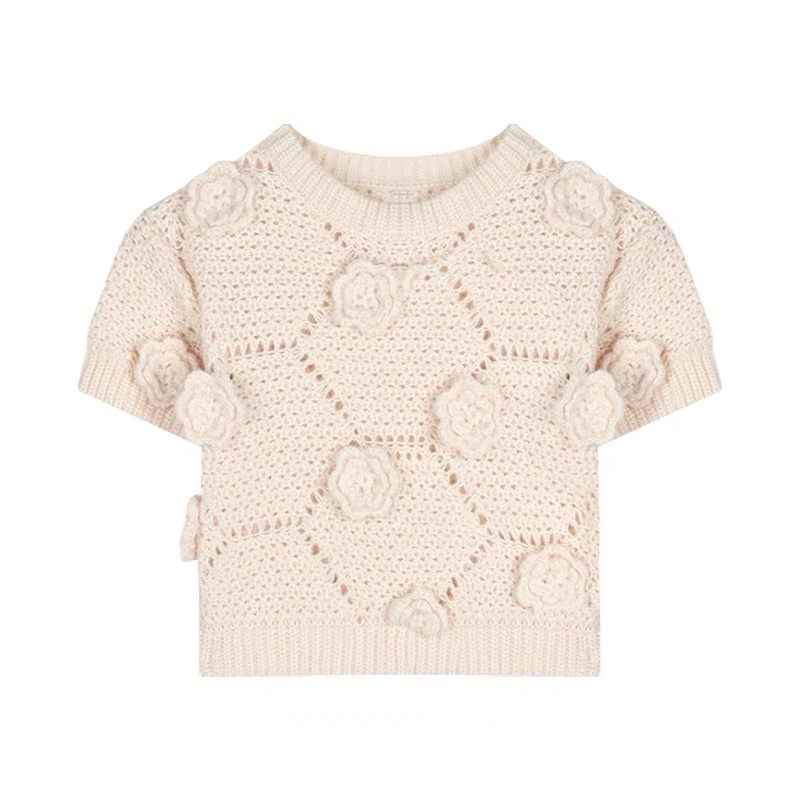 Áo len thêu hoa nổi croptop tay ngắn kèm feedback thật