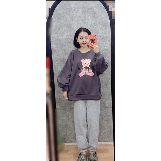 Set nỉ bông nữ in gấu 3D GRAVIME - Áo sweater nữ form rộng và quần nỉ nữ ống bom HOT TREND