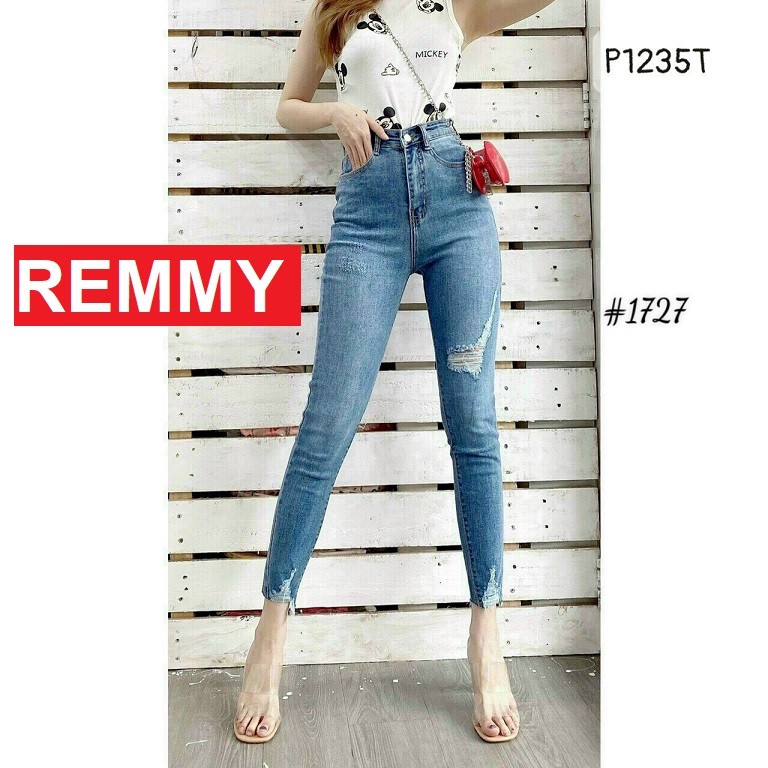 QUẦN JEAN NỮ LƯNG CAO MÀU XANH RÁCH MẪU MỚI HOT TREND KJ1727 REMMYSHOP