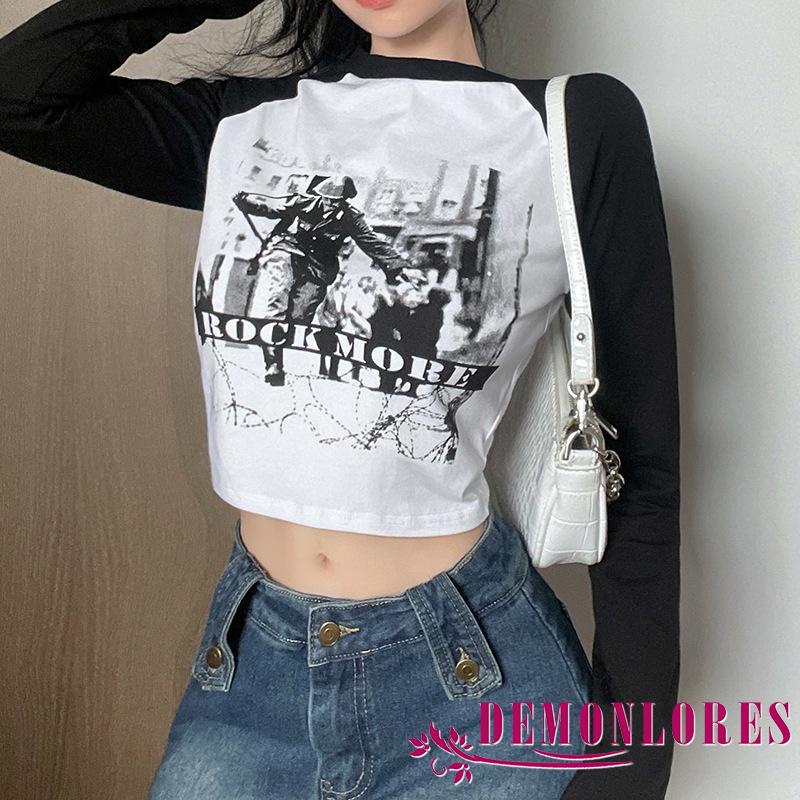 Demonlores-Y2K Áo Thun Tay Dài Cổ Tròn In Chữ Màu Trắng Đen Phong Cách Gothic Quyến Rũ Cho Nữ